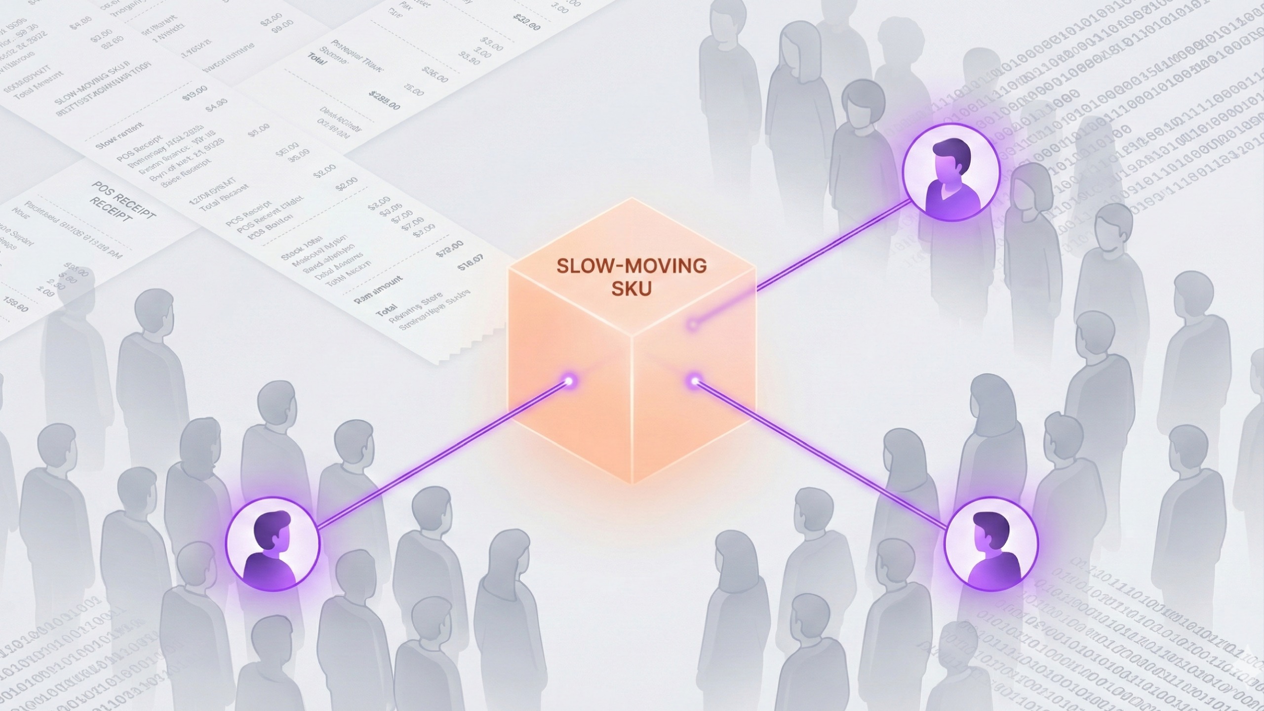 Visual representation of using customer data to move slow-moving SKUs, with data flow from customer profiles to the SKU, indicating targeted marketing efforts.
