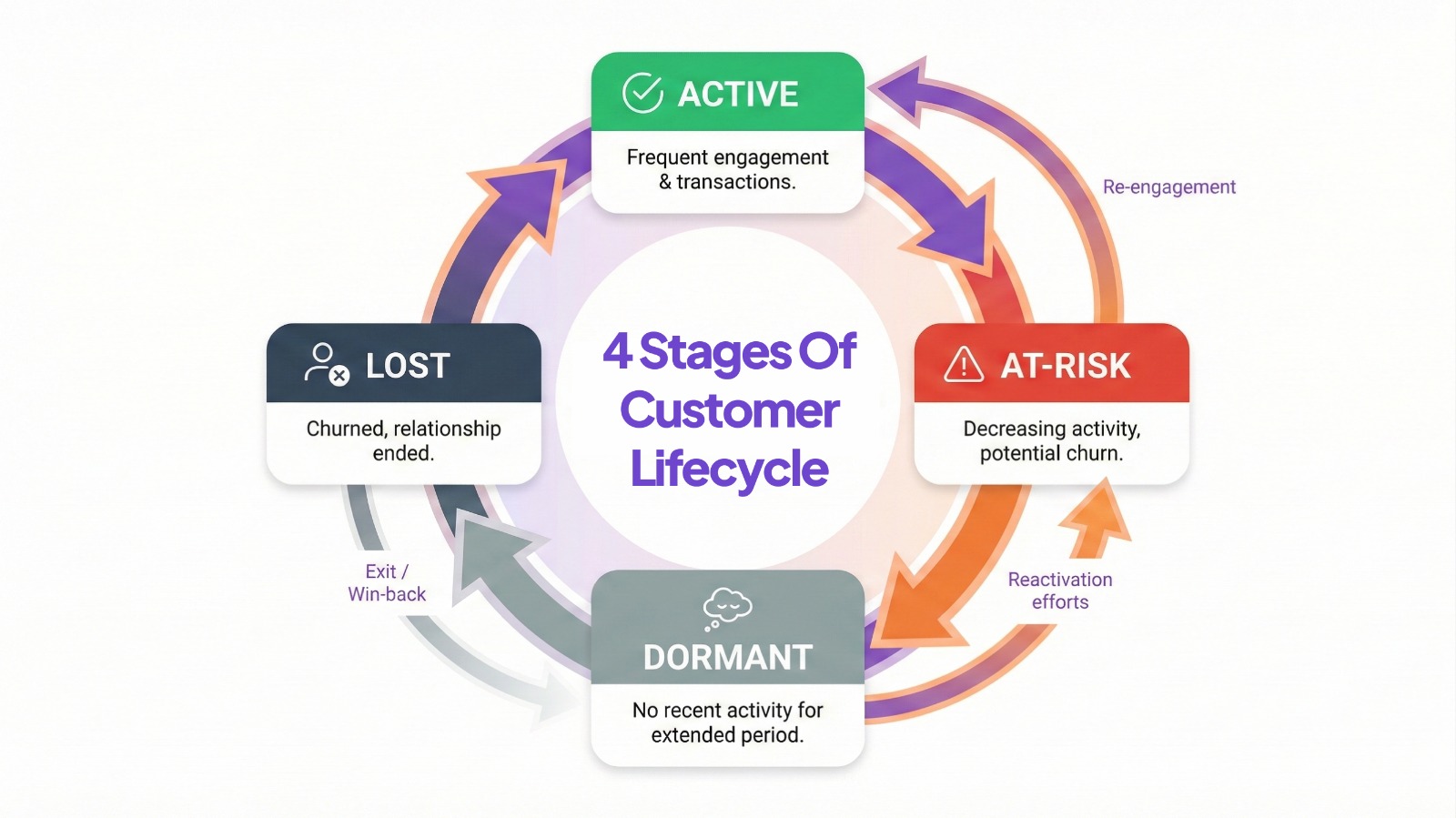This infographic represents the Customer Lifecycle Health Report, showing the 4 stages of customer engagement: Active, At-Risk, Dormant, and Lost. It outlines key actions for each stage, including re-engagement, win-back strategies, and tracking customer health.