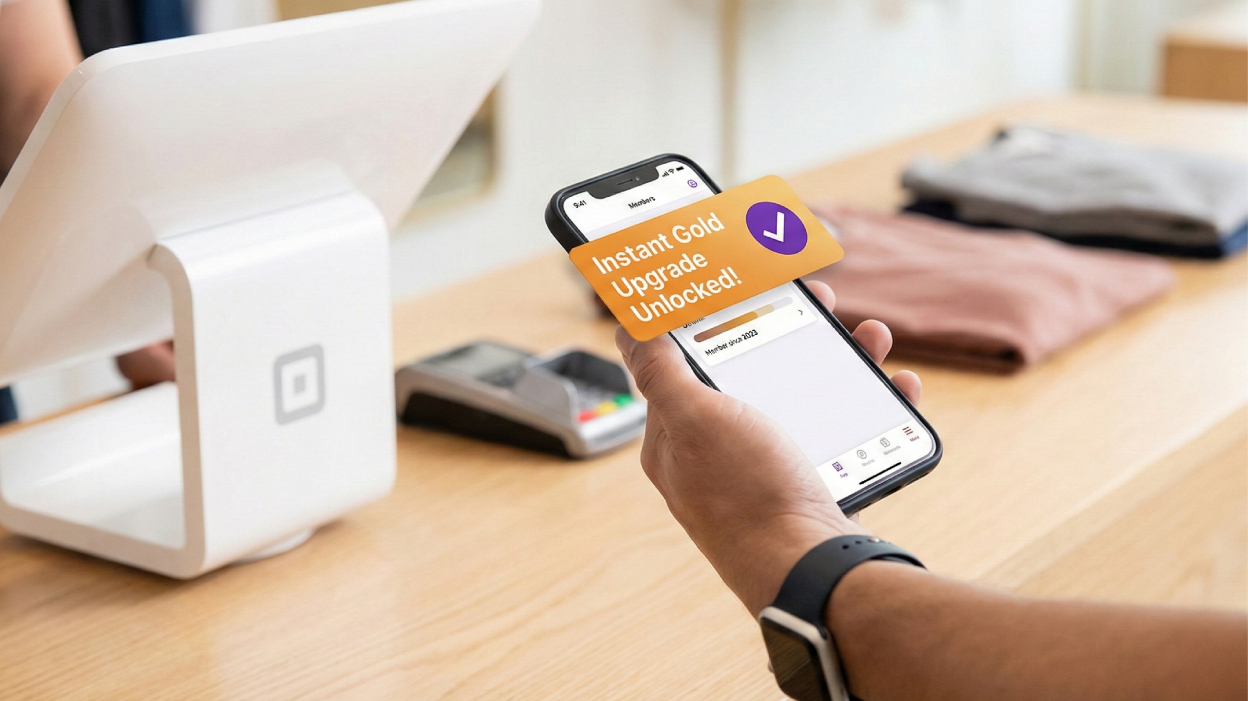 Customer using a mobile app at checkout receiving an instant gold upgrade notification, showcasing real-time rewards technology designed to increase customer loyalty in retail stores.