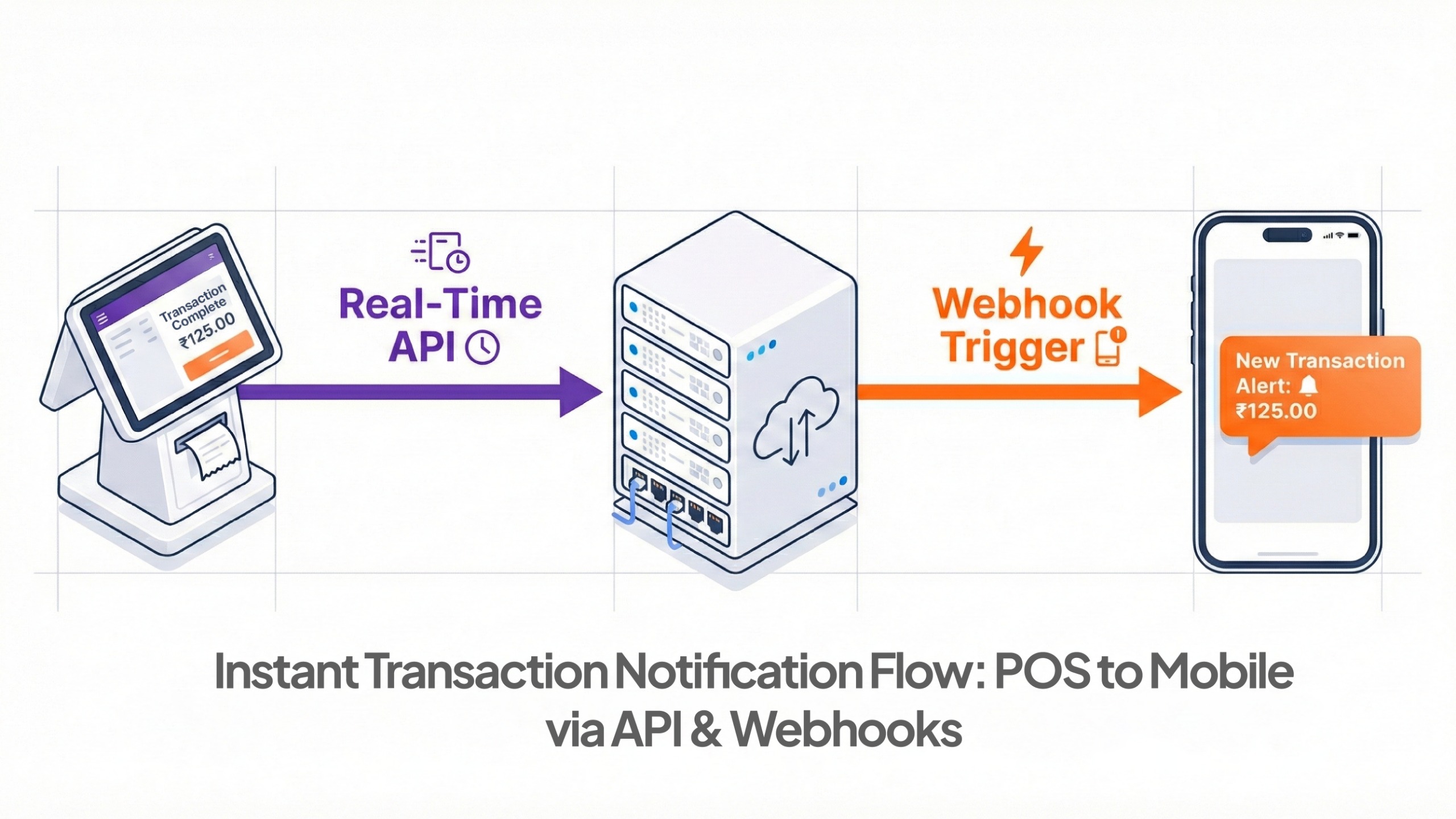 Instant transaction notification flow from POS to mobile app using real-time API and webhook triggers