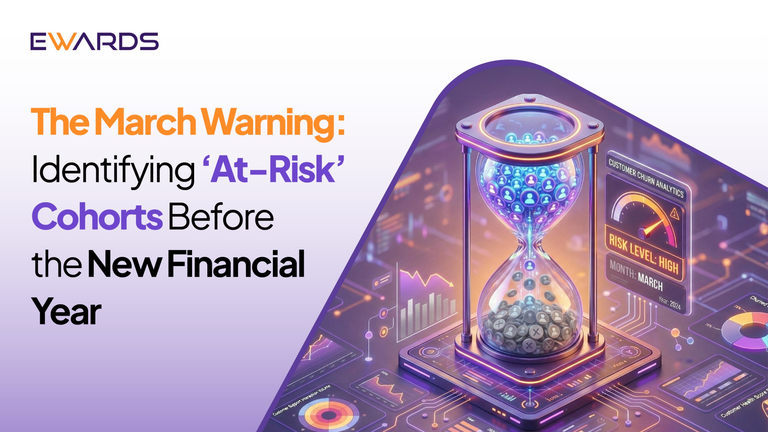 Visual illustration showing customer churn analytics with an hourglass and risk dashboard, representing how retail brands can predict customer churn by identifying at-risk customer segments before the new financial year using predictive CRM analytics.