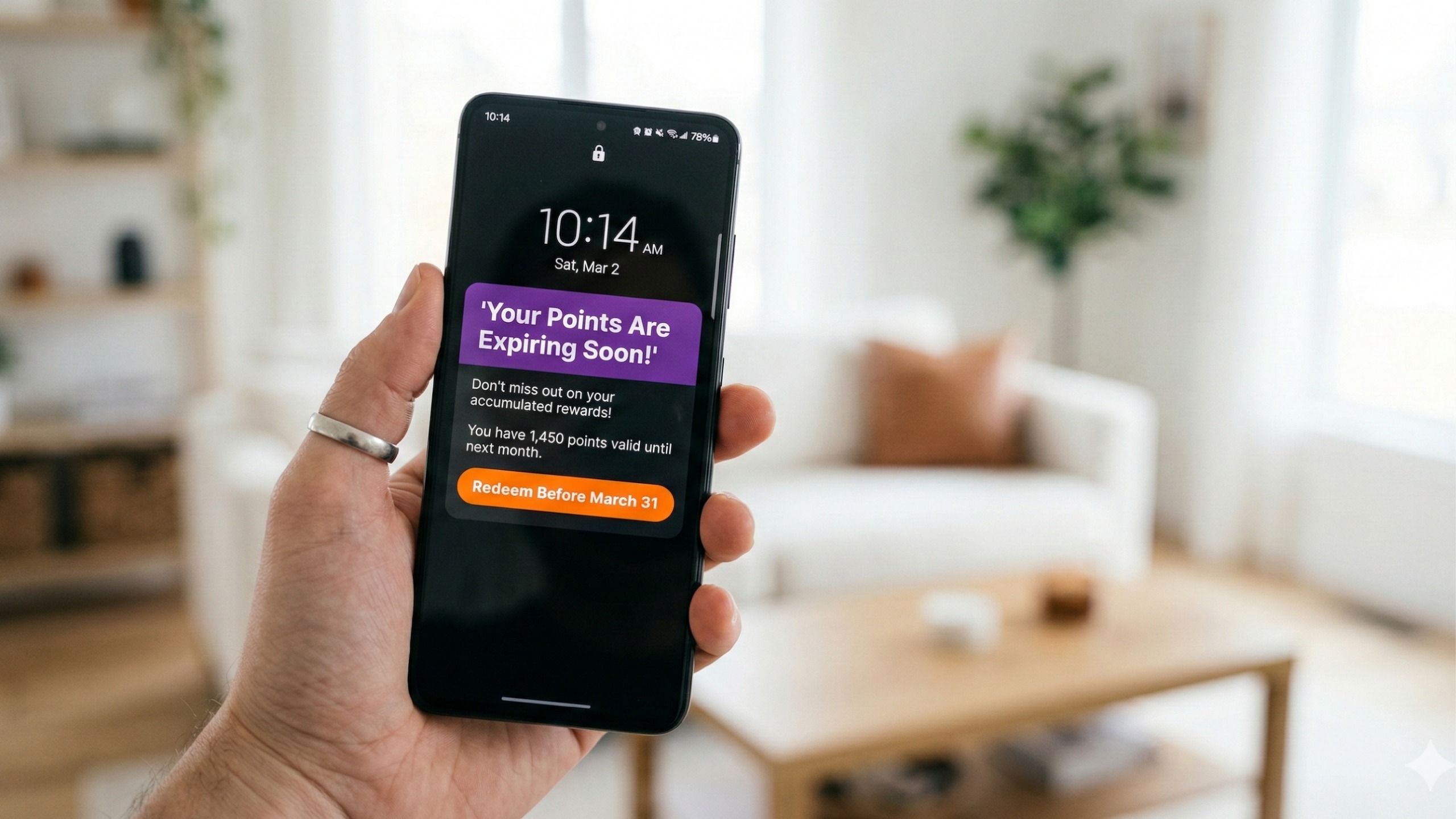 Smartphone notification reminding customers to redeem loyalty points before expiry, a tactic used in predictive CRM analytics to predict customer churn and re-engage at-risk customer segments.