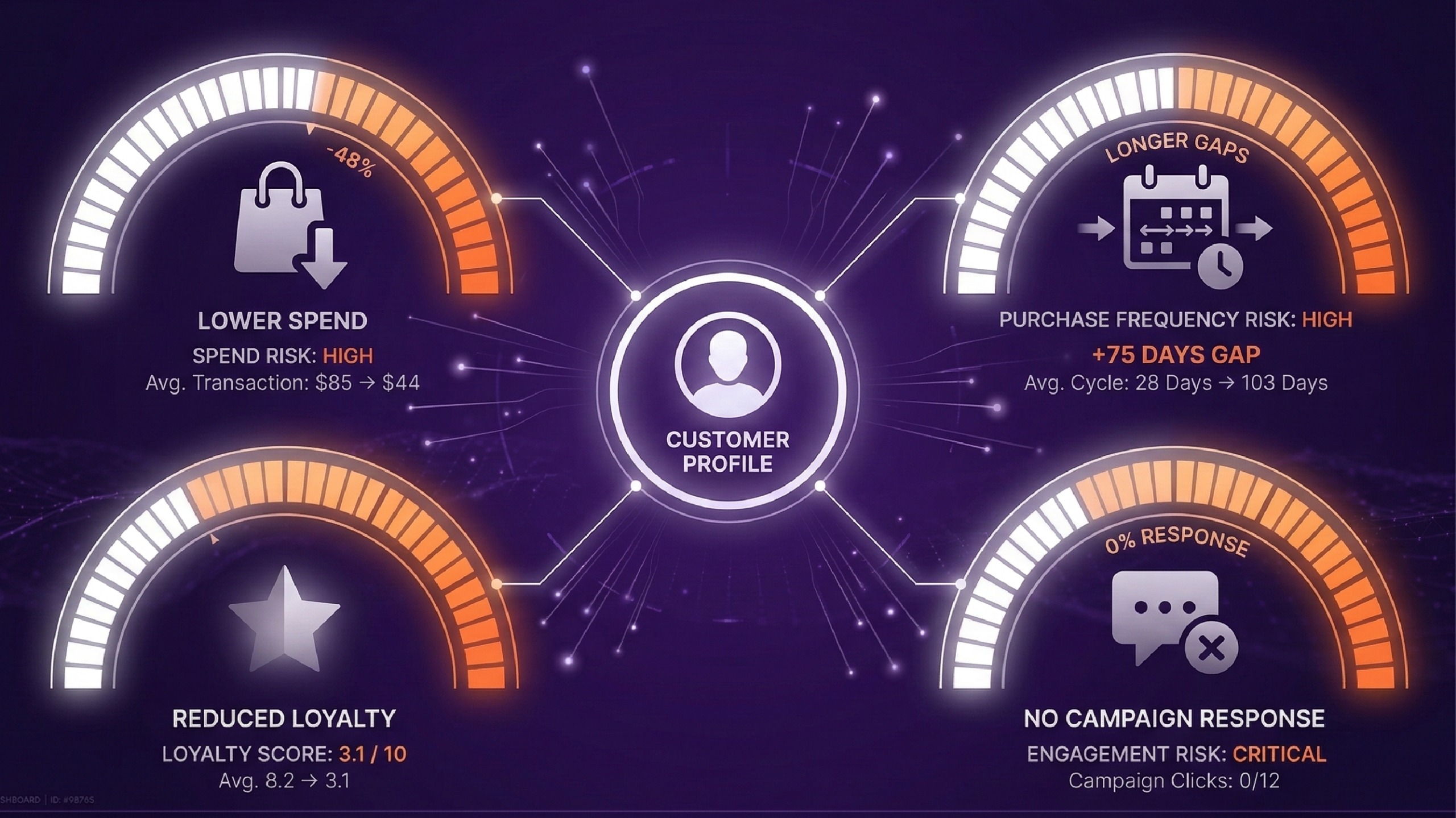 Customer profile displaying high risk of churn with indicators of lower spend, longer purchase gaps, reduced loyalty, and no response to campaigns.